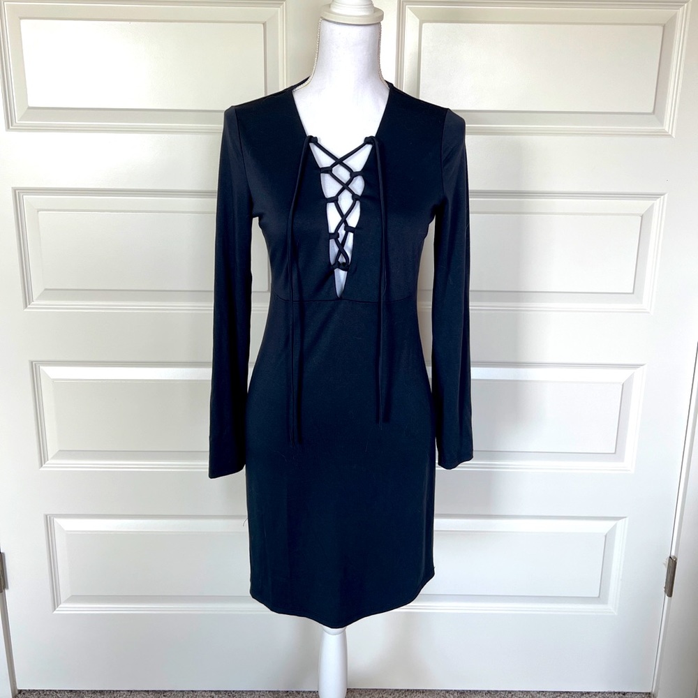 Long sleeve blue tie front dress
